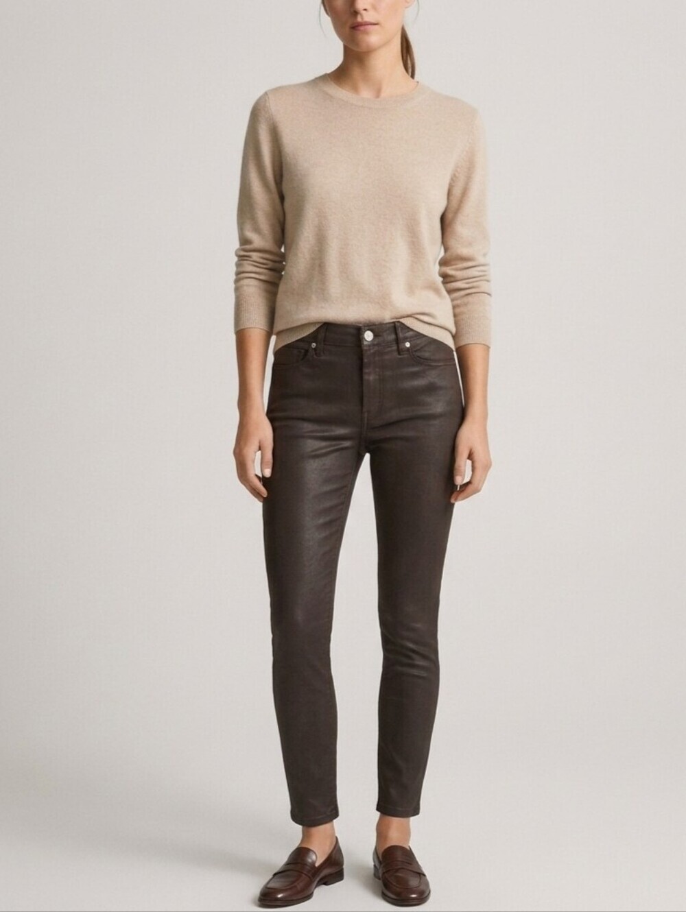 BNWT Mango Isa Brown Coated Waxed Cropped Skinny Jeans 32 Rocker Biker Moto